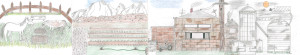 A four-panel drawing depicting a farming scene. A horse and a cow eat hay in an enclosed field in the leftmost panel. The panel in the middle left shows row crops being irrigated from overhead, with a mountain in the background. The middle right panel shows a house, with a telephone pole and a tractor to either side. The rightmost panel shows a granary and other farm buildings.