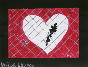 A painting of a white heart with a black wound, behind cyclone fence on a red and black background.