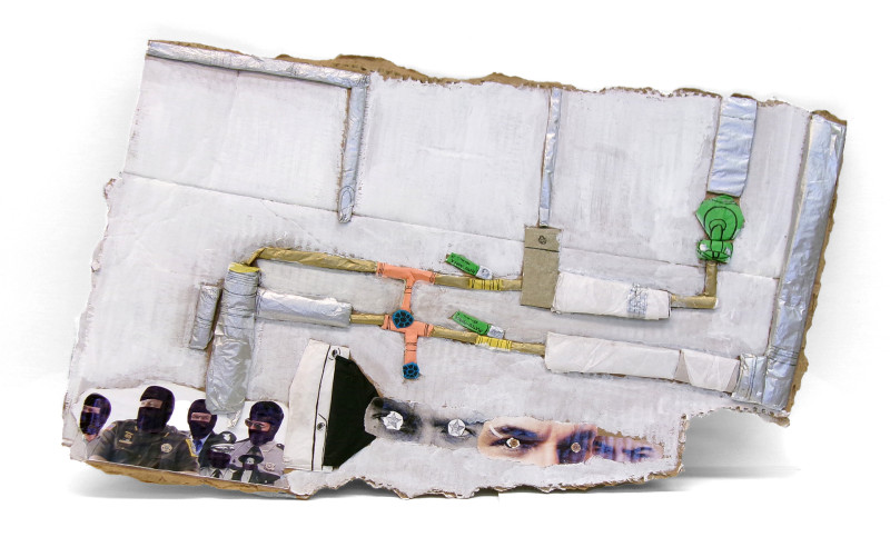 A collage made of magazine clippings of men in balaclavas and martial uniforms, mens' eyes and eyebrows (the eyes of which are replaced by star stickers), pasted onto cardboard. The cardboard is painted mostly white, and there are pipe-like shapes in silver, gold, peach, and green.