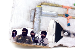 Another detail view of the previous collage, showing mostly the uniformed men, one set of eyes, and a bit of the pipe shapes.