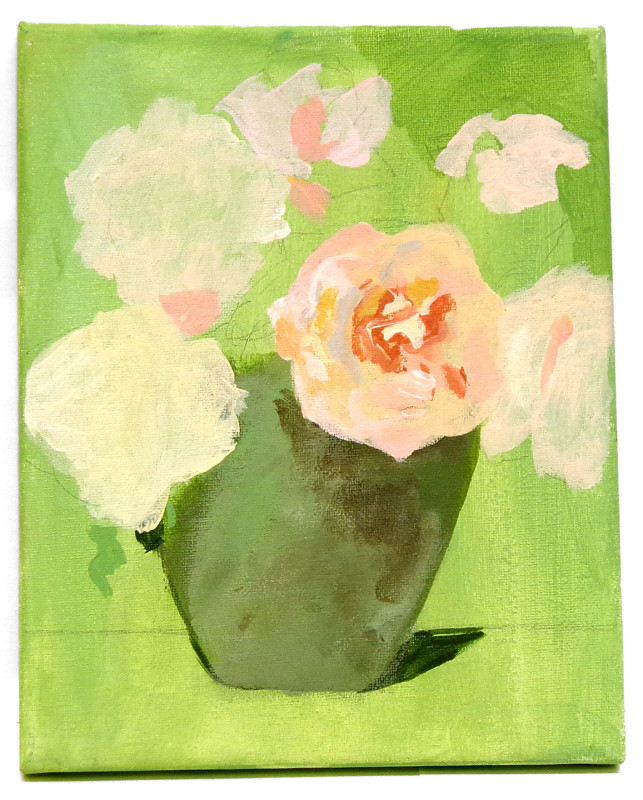 An Impressionist style painting of pink peonies in a dark green vase, against a light green background.