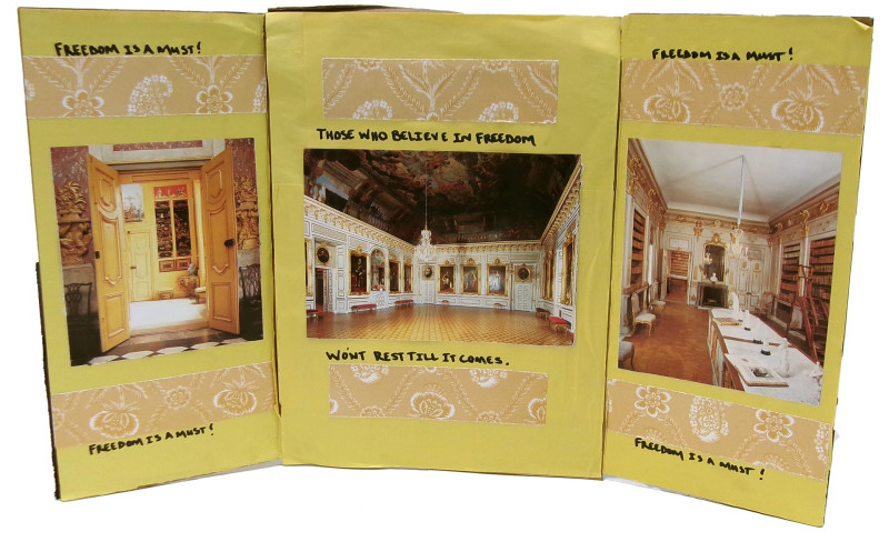 A trifold collage with photographs of baroque interiors on each panel. Handwritten text reads 