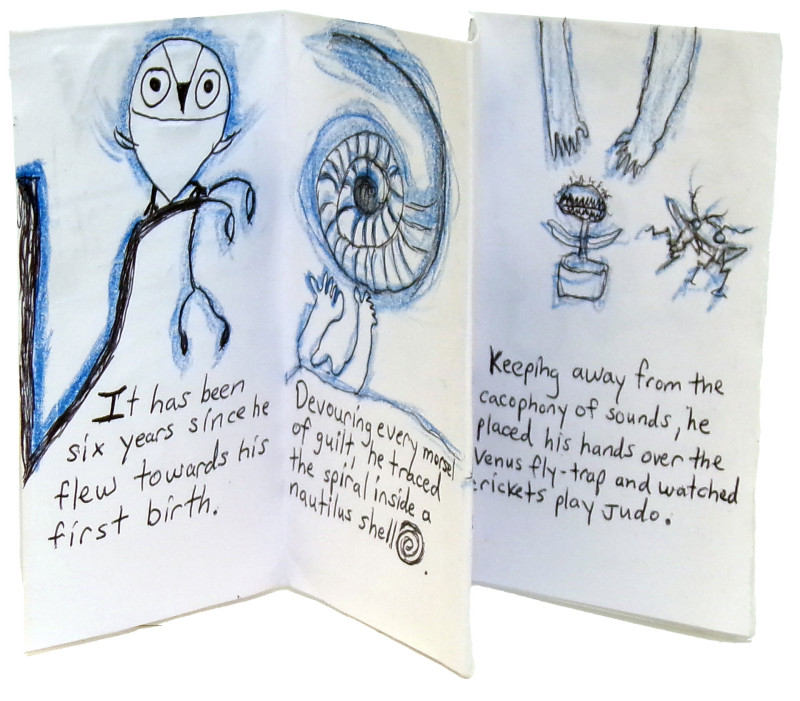 A small accordion-folded publication. Three panels are shown, with drawings in black and blue of shapes like owls, spirals, plants and hands. Indistinct text appears.