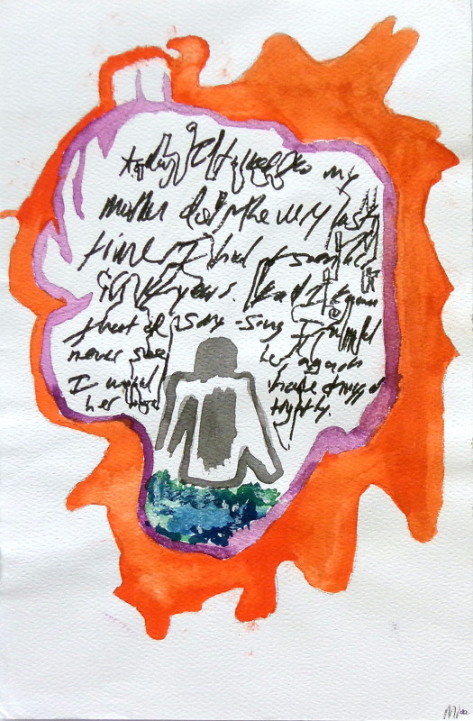 A watercolor painting with a loose heart shape defined mostly by negative space and a lavender border. The lavender is further bordered by bright orange. Inside the heart are indecipherable glyphs that look like text and a shape that might be human figure.