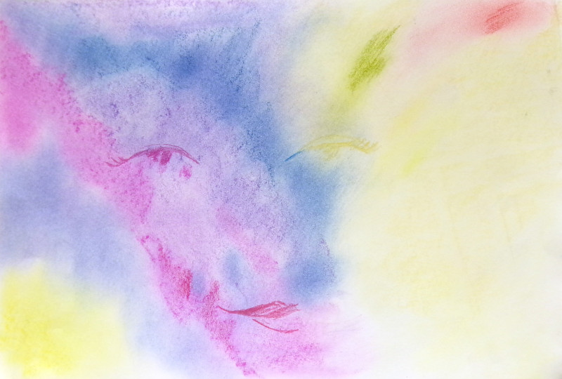 An abstract image of various pastel tones as a gauzy background. A woman's seductive eye and mouth are lightly visible within the color.