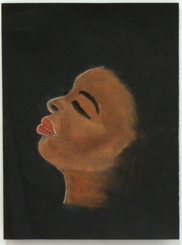 A drawing of a woman of color's face in profile, against a black background. Her eyes are closed and her chin is tilted up.