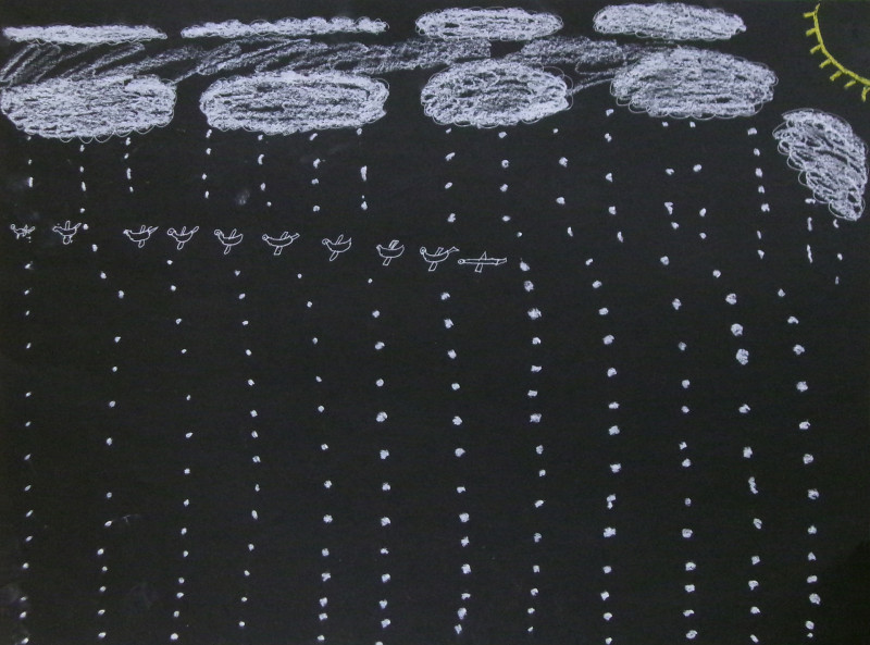 An image drawn in white on a black page. There are clouds at the top, and precipitation drawn as small dots in linear columns. A row of birds or planes flies near the top of the sky. A yellow sun is at the top right.