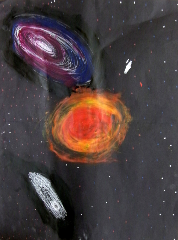 A drawing of a solar system, with a yellow and red sun at the center, a purple, maroon, and white galaxy in the top left, and a white nebula in the lower right. There are white and multicolored stars throughout.
