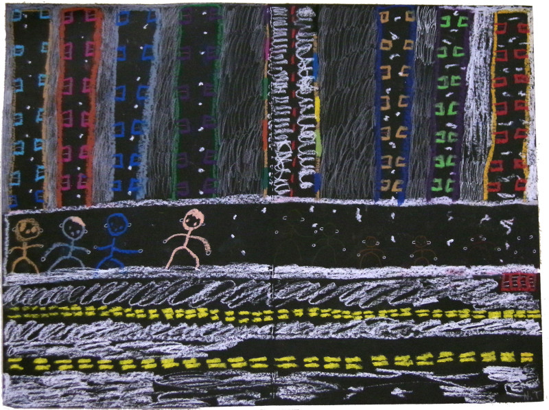 A street scene drawn on black paper. Four stick figures appear in the center left, walking on a sidewalk by a street with three lanes. A sewer grate appears at right. Tall skinny buildings form the background, there is no horizon.