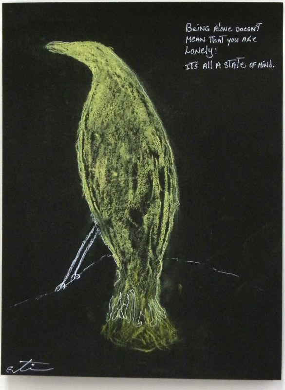 A drawing of a yellow bird on black paper. Some details of the bird are highlighted in white. The text 