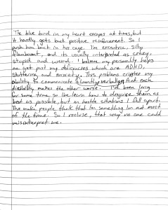 A notebook page with text reading 