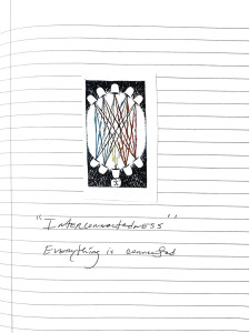 A notebook page with an indecipherable image, and text reading 