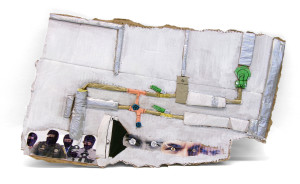 A collage made of magazine clippings of men in balaclavas and martial uniforms, mens' eyes and eyebrows (the eyes of which are replaced by star stickers), pasted onto cardboard. The cardboard is painted mostly white, and there are pipe-like shapes in silver, gold, peach, and green.