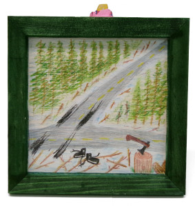A drawing of the T intersection of two two-lane roads. The approaching road is forested on either side, the perpendicular road shows downed timber and a log with an ax in it. There is a pair of boots near the ax. There are black marks on the road, suggesting tire tracks.