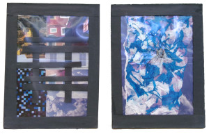 A diptych collage. The lefthand element is rectilinear, with black lines overset on photographic elements like clouds, 8-bit patterns, and landscape. The righthand element is purely abstract in tones of blue and purple with a jewel-like appliqué in the center. Both have strong black borders.