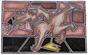 A drawing made from angular shapes, depicting a dog urinating. The background may be a brick wall, the foreground a sidewalk. The dog wears a studded collar and its tongue is out. Some fur is finely rendered.
