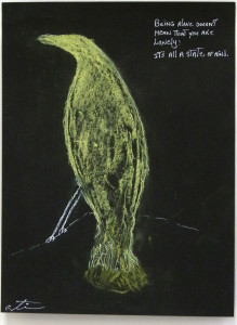 A drawing of a yellow bird on black paper. Some details of the bird are highlighted in white. The text 
